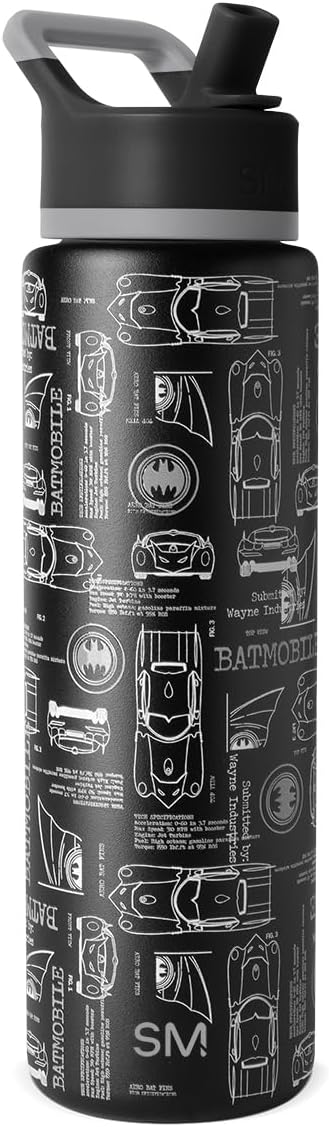 Simple Modern Summit Water Bottle with Straw Lid | DC Comics 30oz Leak Proof Stainless Steel Insulated Cup | Gifts for Her Him | Batwheels Schematics
