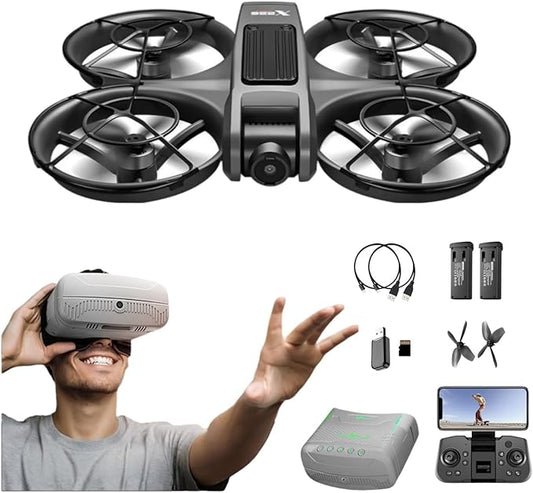 VR FPV Drone, Experience First-Person View Flight, Comes With a VR Goggle Kit and Remote Controller. The Drone Features a Full Propeller Protection Guard and Collision-Resistant Structure, Making It Easy to Operate and Perfect for Beginners. Equipped W...