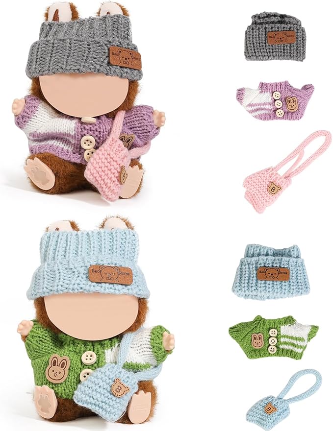 (2 Pack) XMBYGY Doll Clothes for Labubu (for Standing/Sitting 17/15cm Doll)(NO Doll)- Multiple Style Accessories Clothes for Dolls Outfit Included Clothing+ Hat+ Shoulder Bag for Girl Woman