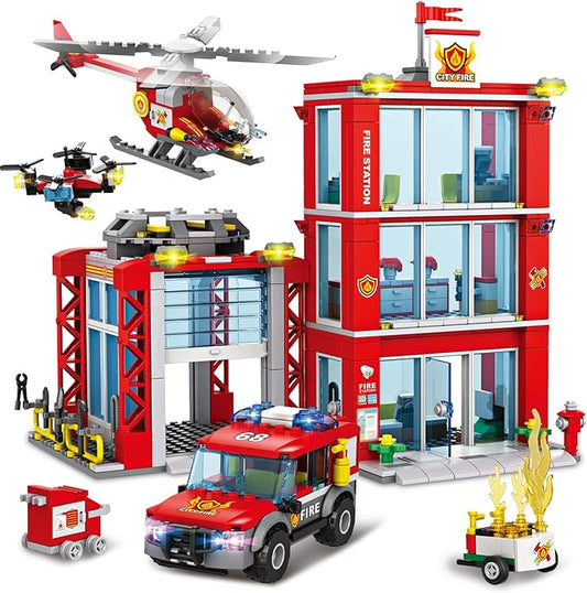City Fire Station Building Kit, Compatible with Lego Fire Rescue Building Blocks, Includes Fire Station, Fire Truck, Fire Helicopter and Drone Toy Set Gift for Kids Boys Girls Age 6-12（784 PCS）