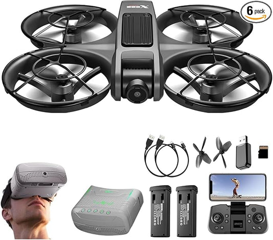 VR FPV Hobby Drone with VR Goggles, One Key Takeoff/Landing, APP Control, Brushless Motor, Dual Batteries, Beginner-Friendly Quadcopter with Propeller Guards, Altitude Hold, Optical Flow Positioning, Dual Cameras & LED Night Lights, a first-person view
