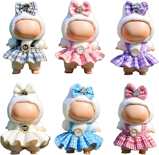 (6-Pack) 17cm Clothes Set, Black & Light Pink & White & Blue & Hot Pink & Purple Plaid Dress Outfit, Stylish Dress and Hairpin Set for 17cm Doll Dress Up, Adorable Doll Accessories