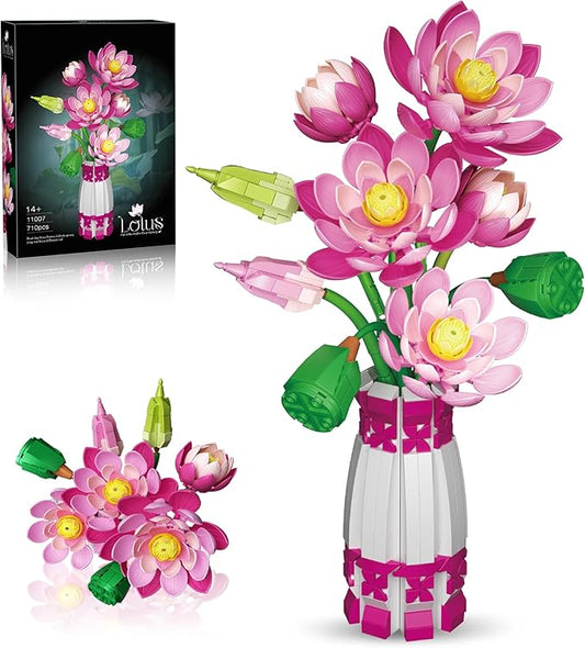 Lotus Building Set Flowers Bouquet with Vase Compatible with Lego Botanical Collection Pink for Women Adults 14 Years & Up Home Office Decor