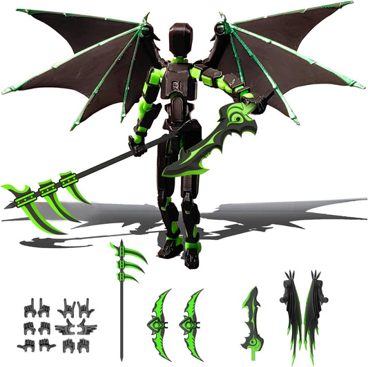 (Assembly Completed) T13 Action Figure Set,Dummy 13,Articulated Robot with Demon Wings, Titan 13 Robot,Mision 13,t13 Action Figure Accessories(Green Black)