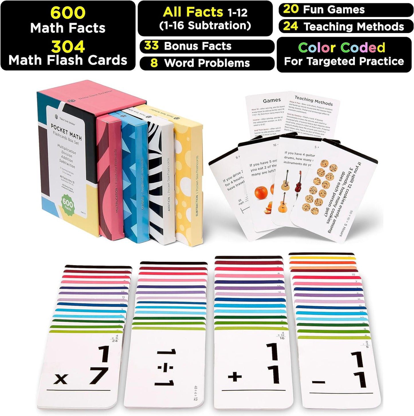 Award-Winning Math Flash Cards Set: 600 Facts for Addition, Subtraction, Multiplication & Division - 10 Fun Learning Games - Perfect for Kids Ages 5-10, Grades 1-6 - Gift-Ready & Teacher-Approved