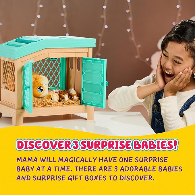 Little Live Pets Mama Surprise Guinea Pig Plush Toy, Interactive Stuffed Guinea Pig Hutch and 3 Babies, Animal Plush with 20+ Sounds, Toys for Ages 4+