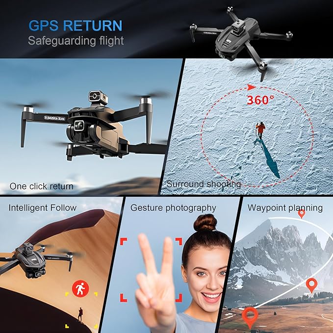 V168 4K UHD Drone with GPS Return, 90° Adjustable Camera, 5G HD Transmission, 30 Min Flight, 3000M Range, Obstacle Avoidance, Brushless Motor, Follow Me & Waypoint Fly (Black)