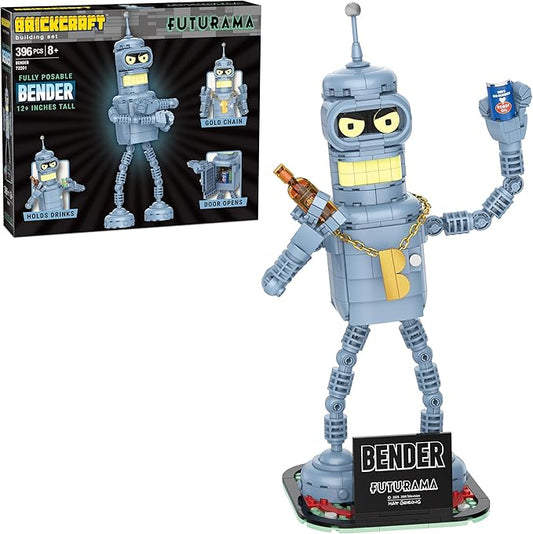 Brickcraft Futurama Bender Brick Building Kit | 396-Piece Posable Robot Figure with Gold Chain & Drinks | Sci-Fi Collectible Display Model, Holiday for Adults, Teens & Animated TV Fans