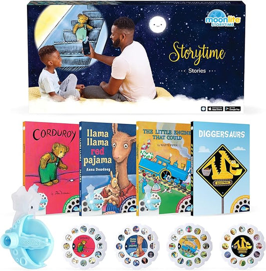 Moonlite Storytime Mini Projector with 4 Classic Stories, A Magical Way to Read, Digital Storybooks, Corduroy, Llama Llama, Diggersaurs, and The Little Engine That Could
