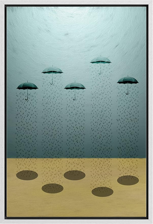 IDEA4WALL Framed Canvas Print Wall Art Surreal Floating Umbrella Sky Landscape Fantasy & Sci-Fi Abstract Illustrations Modern Art Bohemian Scenic for Living Room, Bedroom, Office - 24"x36" White
