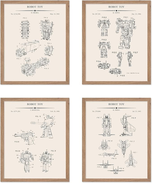 Poster Master 4-Piece Robot Toys Blueprint Poster - Transforming Robots Patent Print - Science Fiction Art - Robot Design - Machine Design - Kid's Room or Living Room Decor - 16x20 Beige Framed